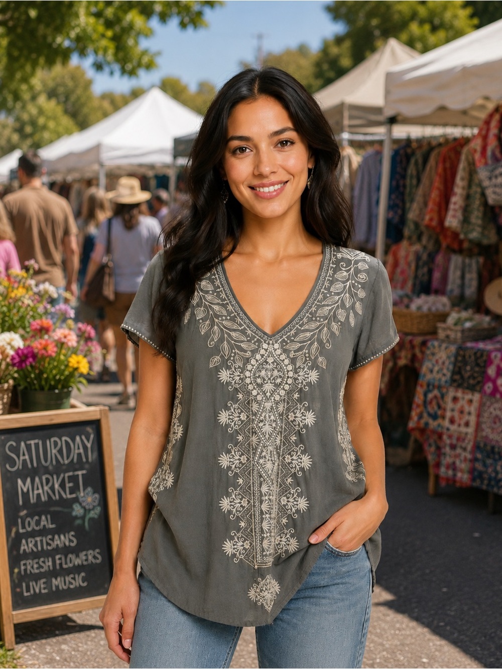 JOHNNY WAS Boho Olive Short-Sleeve Tunic with Cream Embroidery Size XS